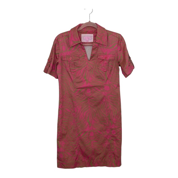 Lilly Pulitzer Shirt Dress Size 0 Pink Khaki V Neck Roll Tab Sleeves Palm Beachy - Picture 1 of 8